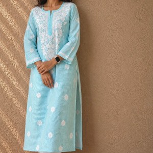 Blue Leheriya Pure Cotton Chikankari Kurti