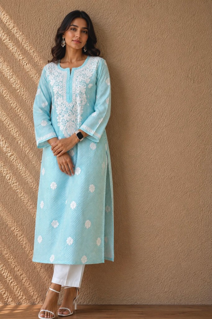 Blue Leheriya Pure Cotton Chikankari Kurti