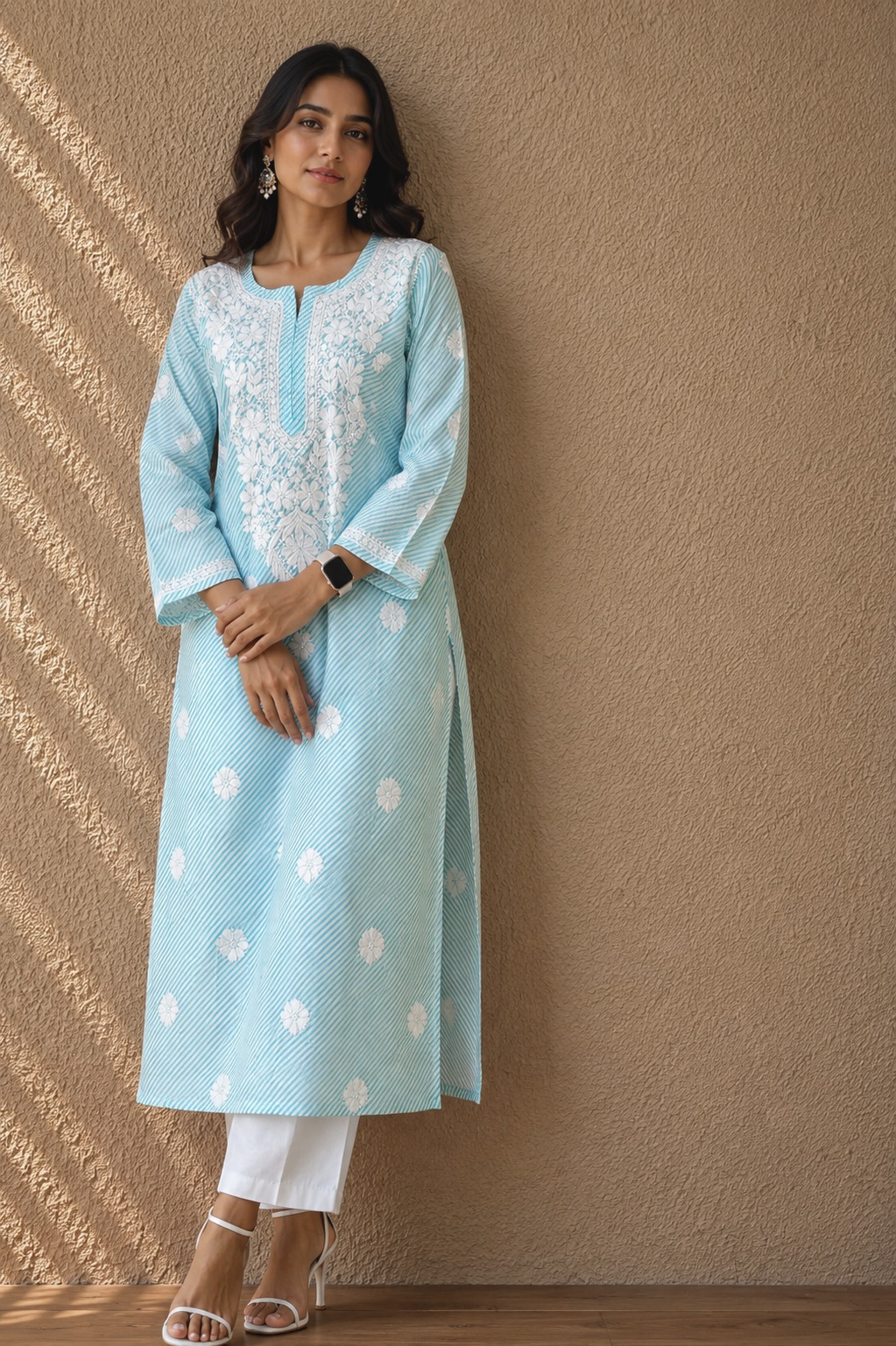 Blue Leheriya Pure Cotton Chikankari Kurti - Image 1