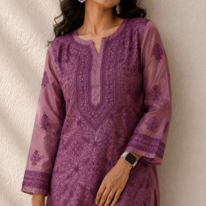 LIlac Tussar Silk Chikankari Kurti - Image 2