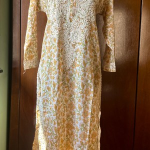 soft orange floral printed cotton mul chikankari kurti