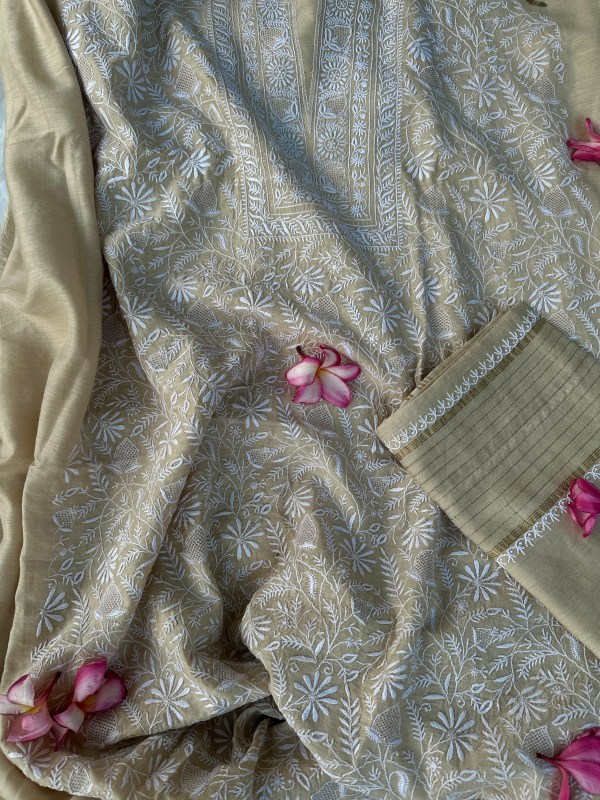 beige pure muga silk ektaar chikankari kurta dupatta set