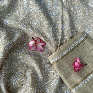 beige pure muga silk ektaar chikankari kurta dupatta set