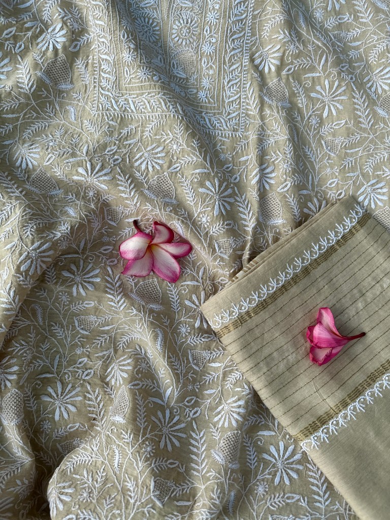 beige pure muga silk ektaar chikankari kurta dupatta set