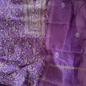 French violet Chanderi Mul Chikankari Kurta Dupatta Set