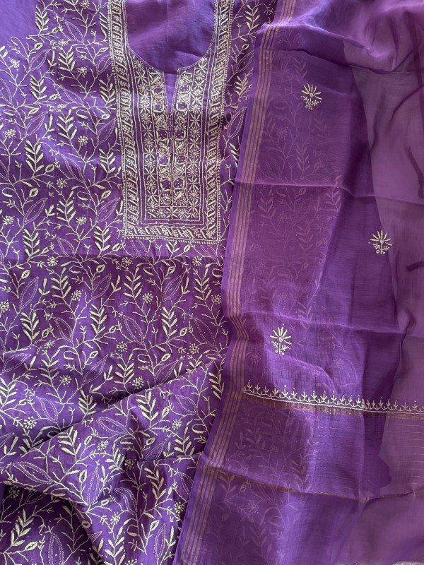 French violet Chanderi Mul Chikankari Kurta Dupatta Set