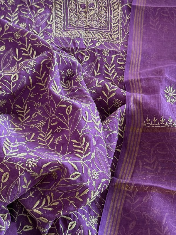 French violet Chanderi Mul Chikankari Kurta Dupatta Set