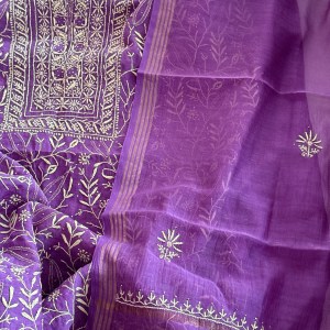 French violet Chanderi Mul Chikankari Kurta Dupatta Set - Image 2