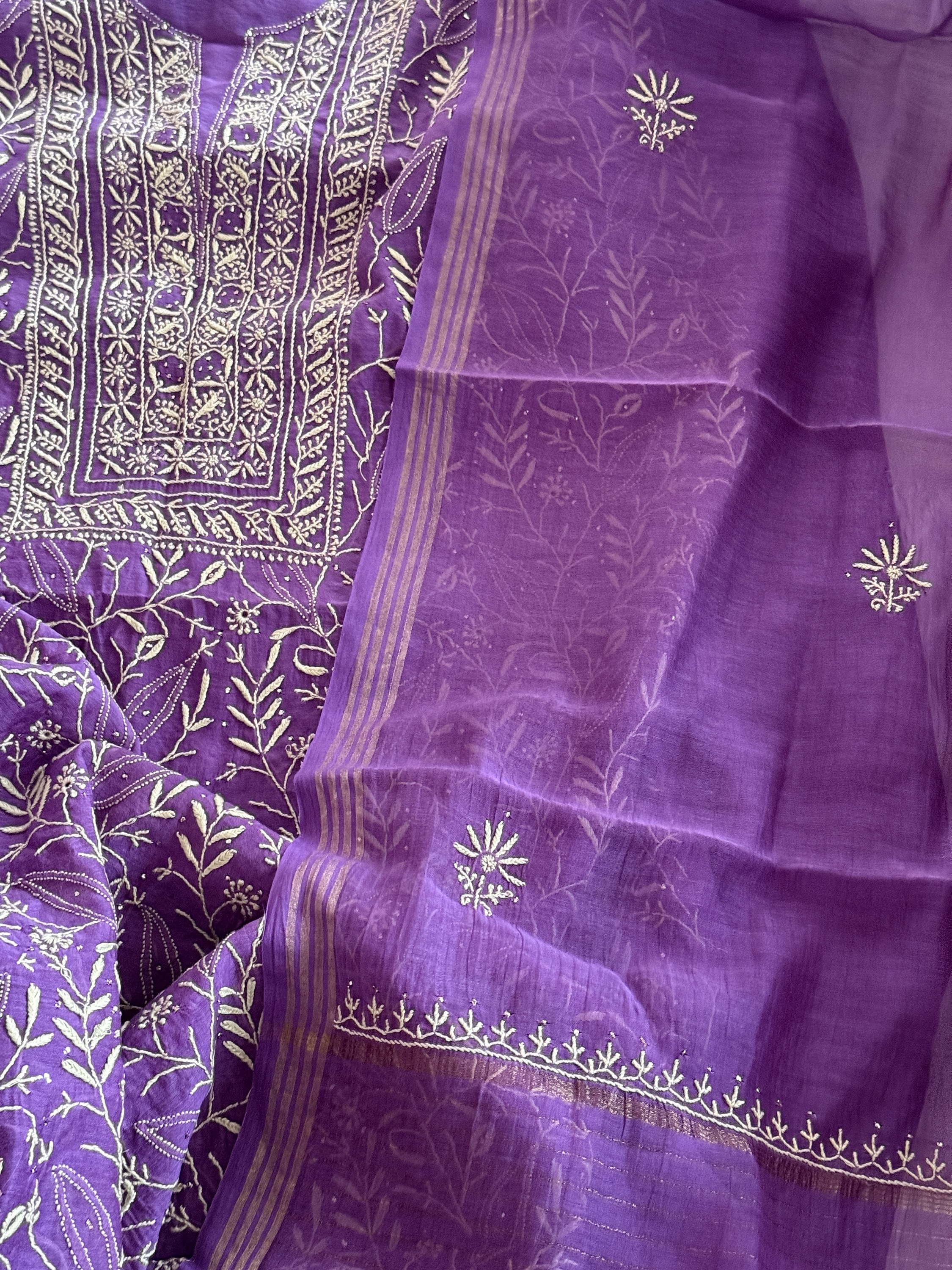 French violet Chanderi Mul Chikankari Kurta Dupatta Set - Image 2