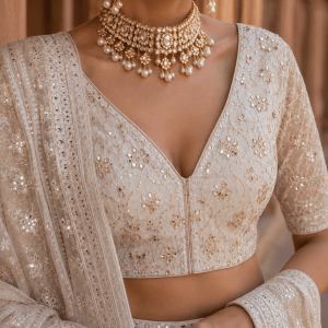 Off-White Pure Georgette Chikankari Lehenga With Kamdani Work. 3 piece set - Image 2