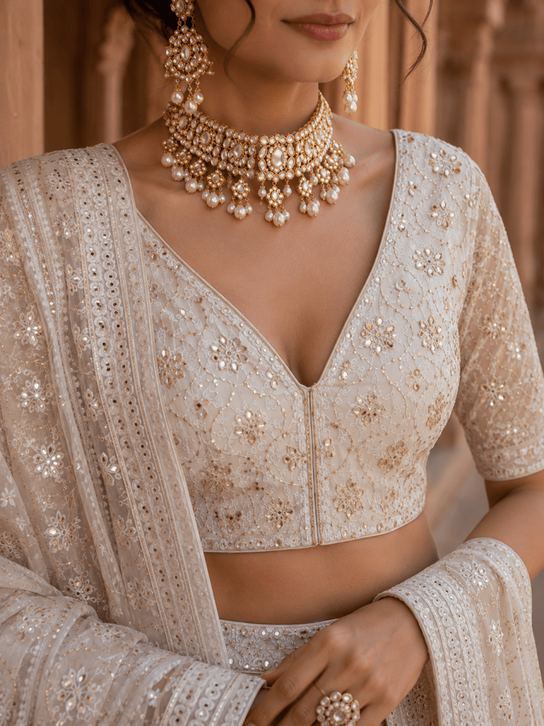 Off-White Pure Georgette Chikankari Lehenga With Kamdani Work. 3 piece set