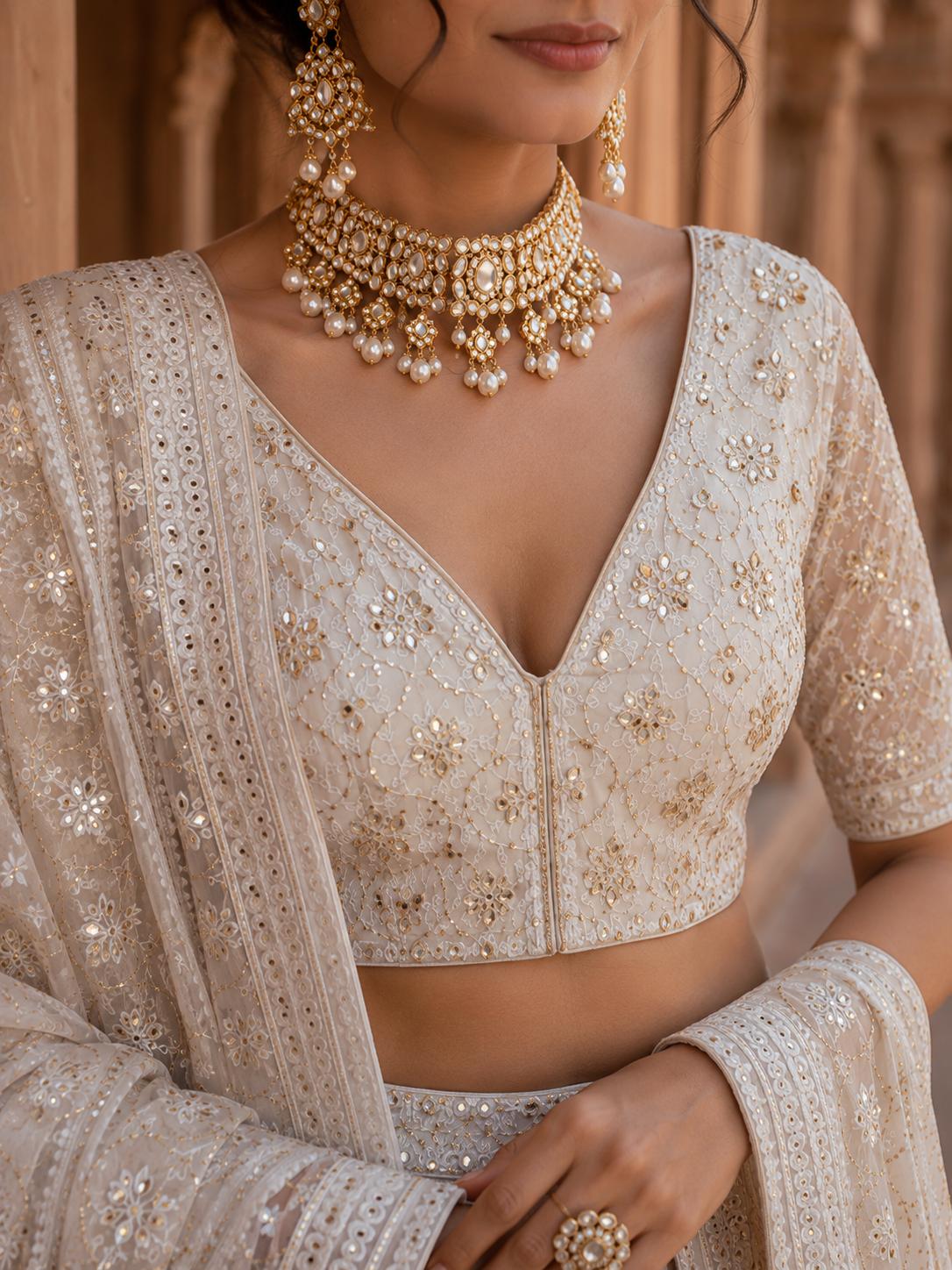 Off-White Pure Georgette Chikankari Lehenga With Kamdani Work. 3 piece set - Image 2