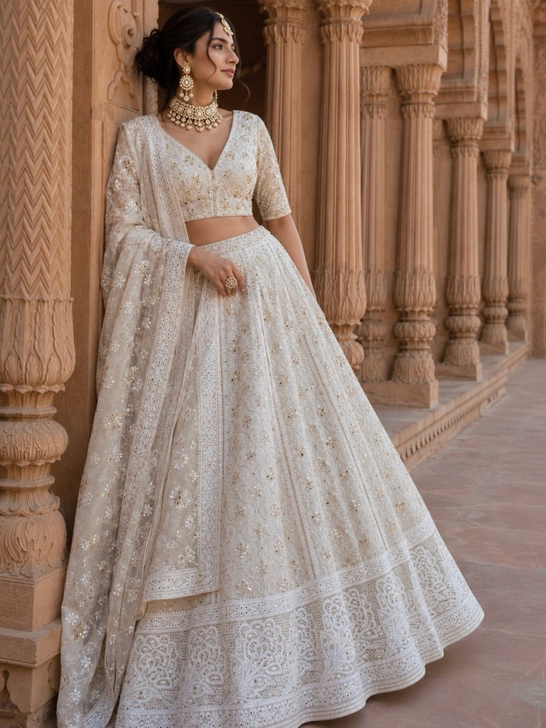 Off-White Pure Georgette Chikankari Lehenga With Kamdani Work. 3 piece set