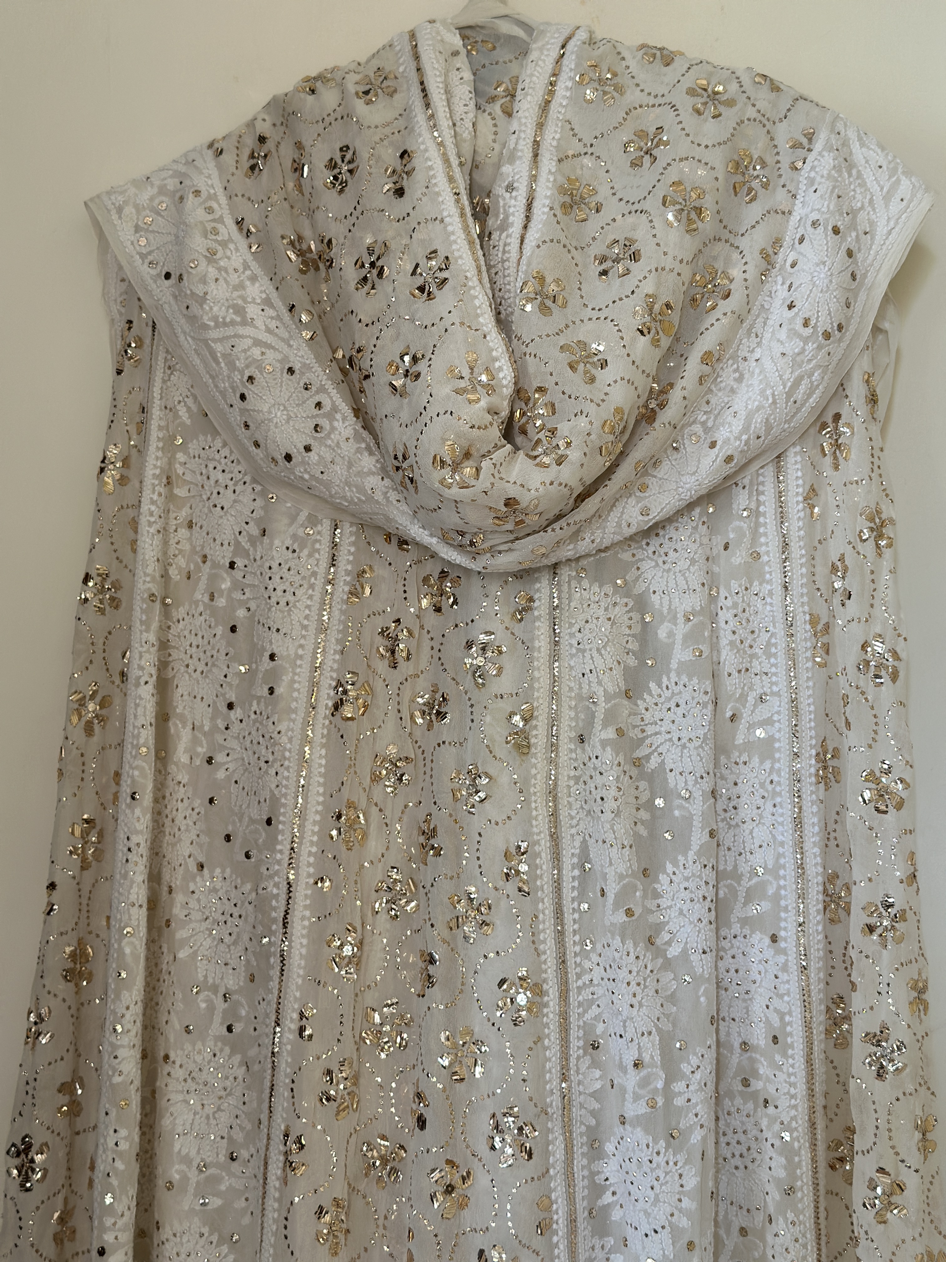 off white pure georgette 3pc chikankari lehenga with kamdani work