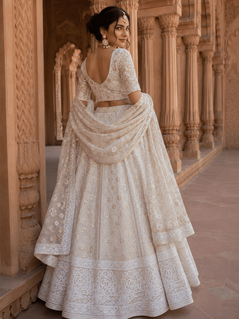 Off-White Pure Georgette Chikankari Lehenga With Kamdani Work. 3 piece set