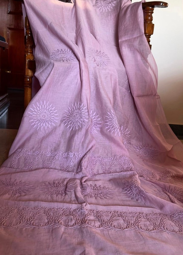 chanderi mulmul chikankari saree