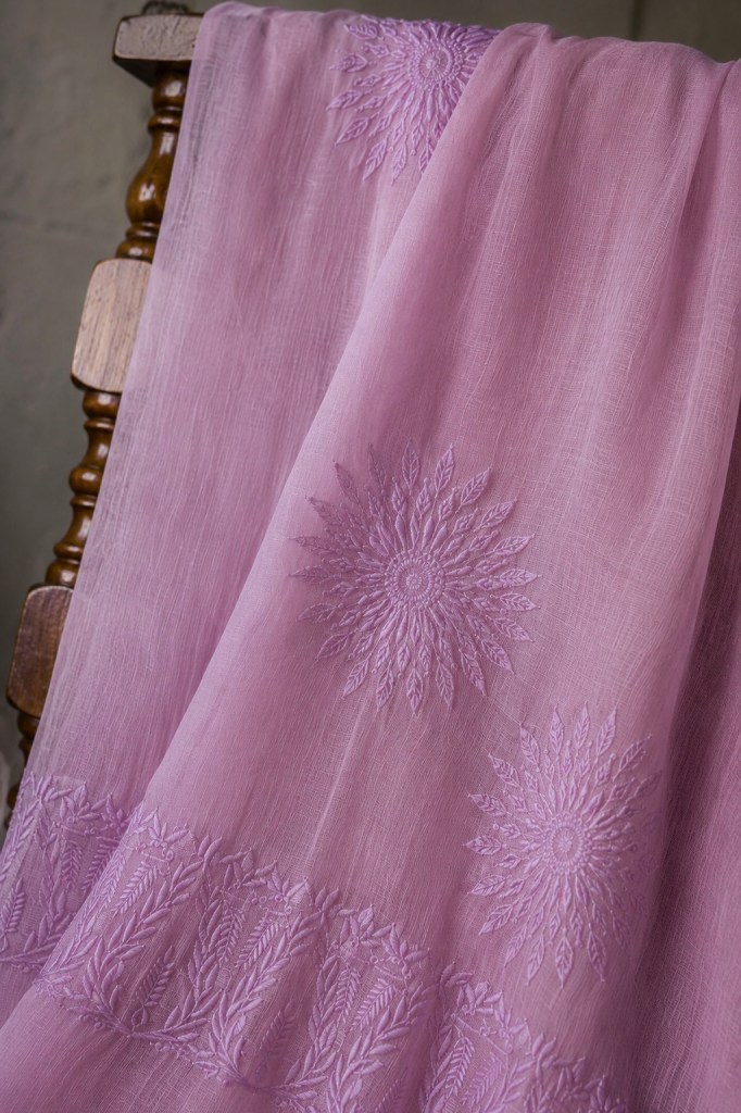 Pink chanderi mulmul cotton chikankari saree with blouse