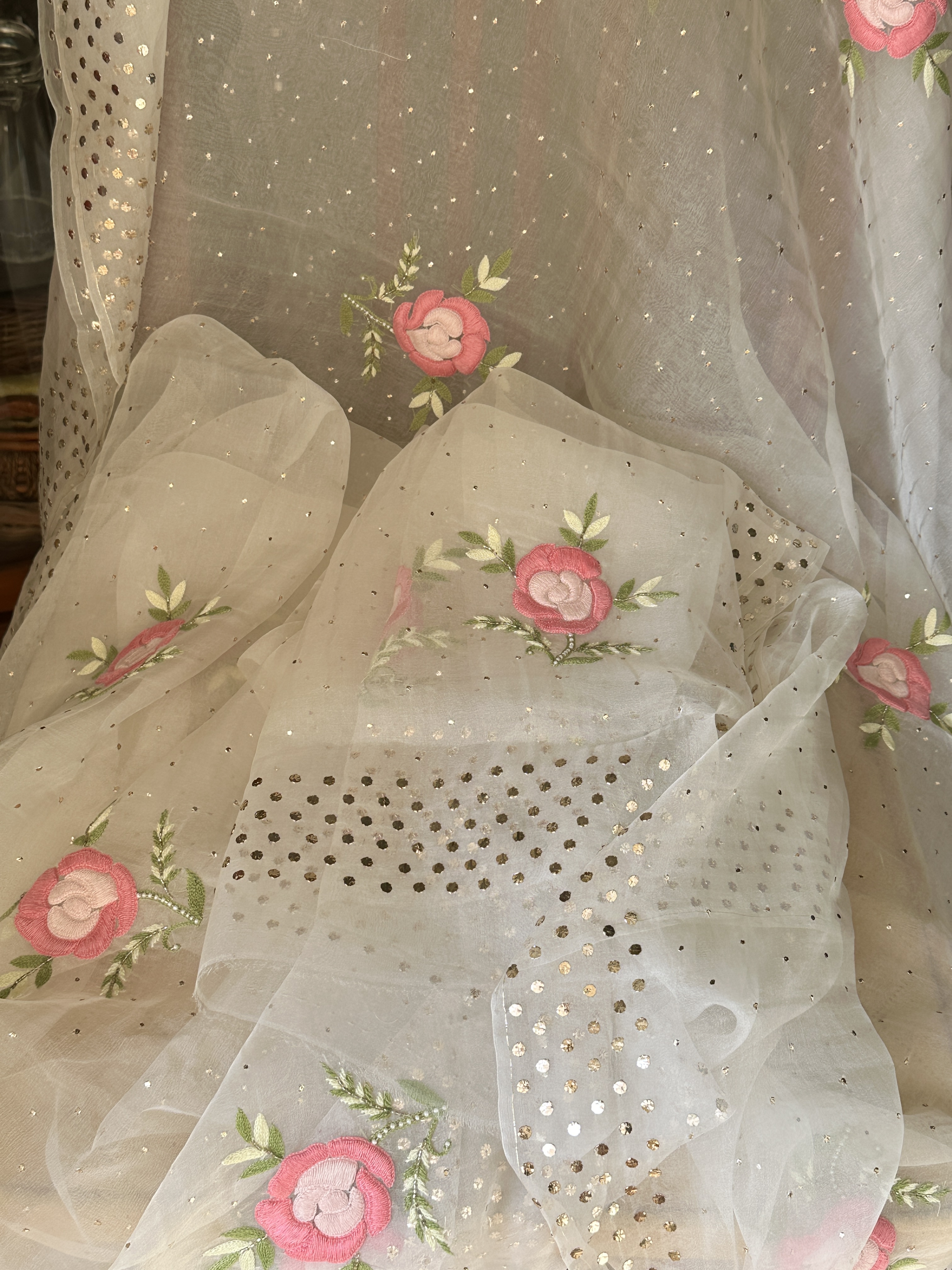 off-white pure organza chikankari saree with gara pearl & mukaish work