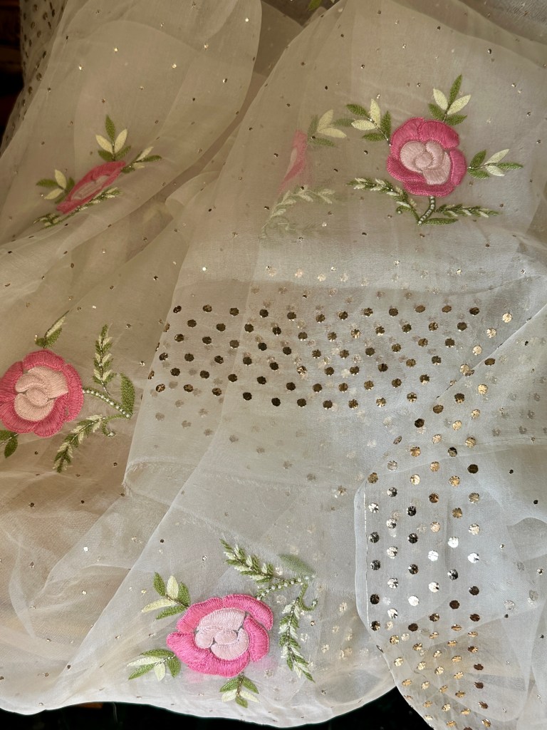 off-white pure organza chikankari saree with gara pearl & mukaish work