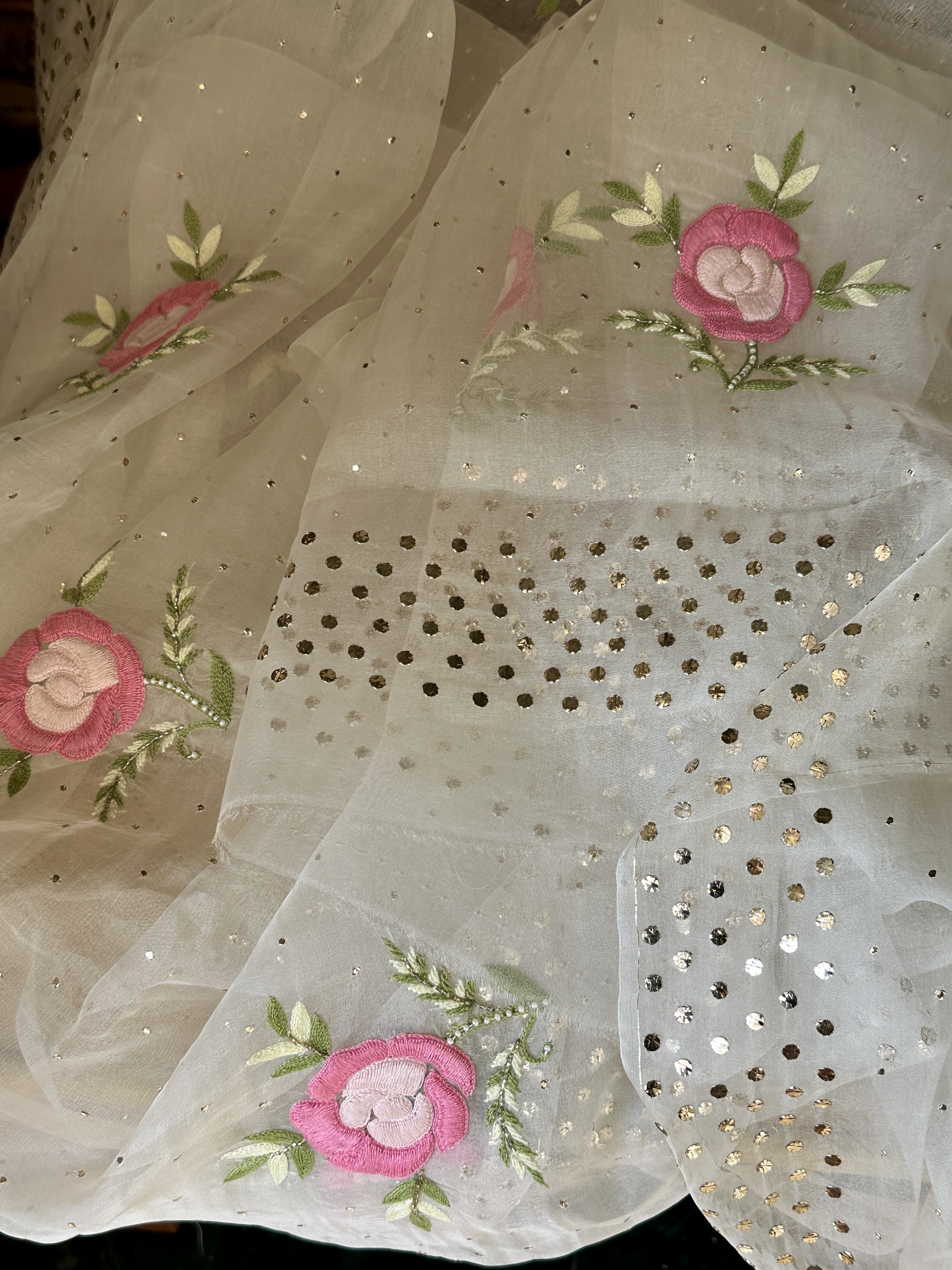 off-white pure organza chikankari saree with gara pearl & mukaish work