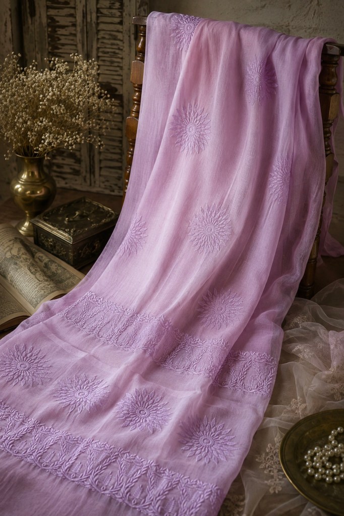Pink chanderi mulmul cotton chikankari saree with blouse