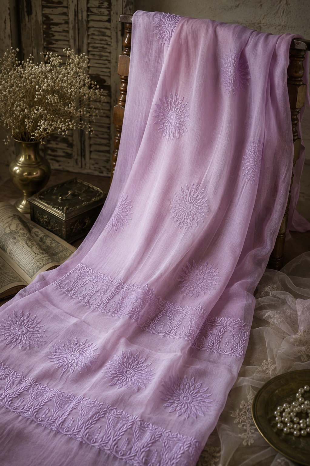 Pink chanderi mulmul cotton chikankari saree with blouse - Image 3