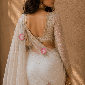 off-white pure organza chikankari saree with gara pearl & mukaish work - Image 4
