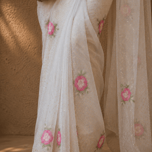 off-white pure organza chikankari saree with gara pearl & mukaish work - Image 3