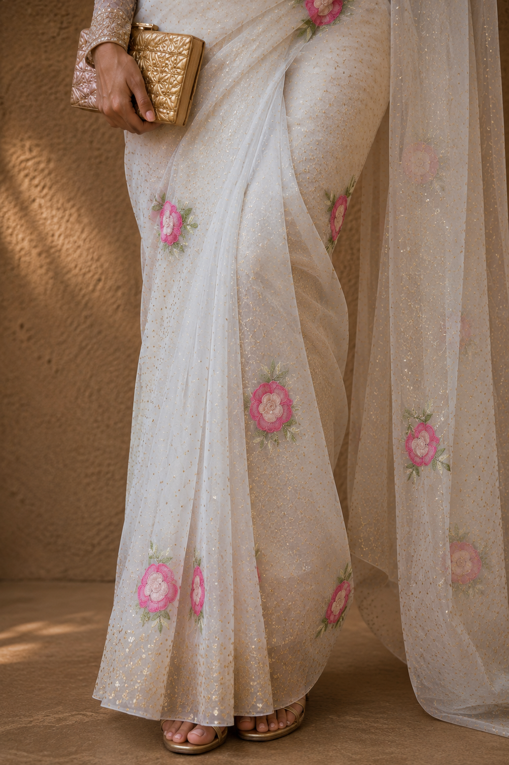 off-white pure organza chikankari saree with gara pearl & mukaish work - Image 3