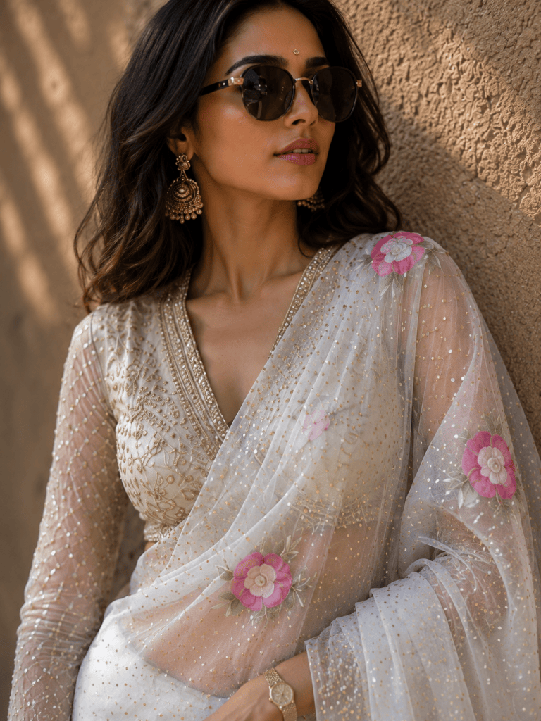 off-white pure organza chikankari saree with gara pearl & mukaish work