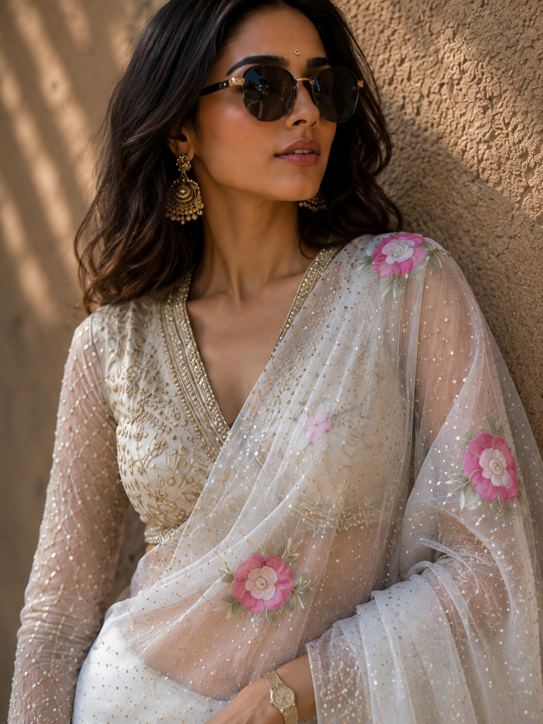 off-white pure organza chikankari saree with gara pearl & mukaish work - Image 2