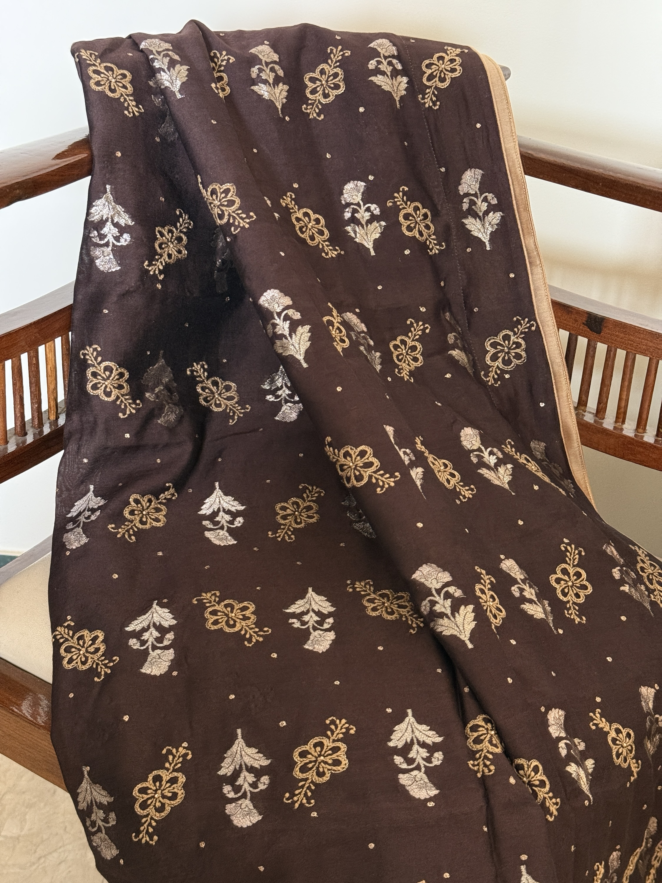 Brown Banarasi Muga silk Chikankari dupatta - Image 1