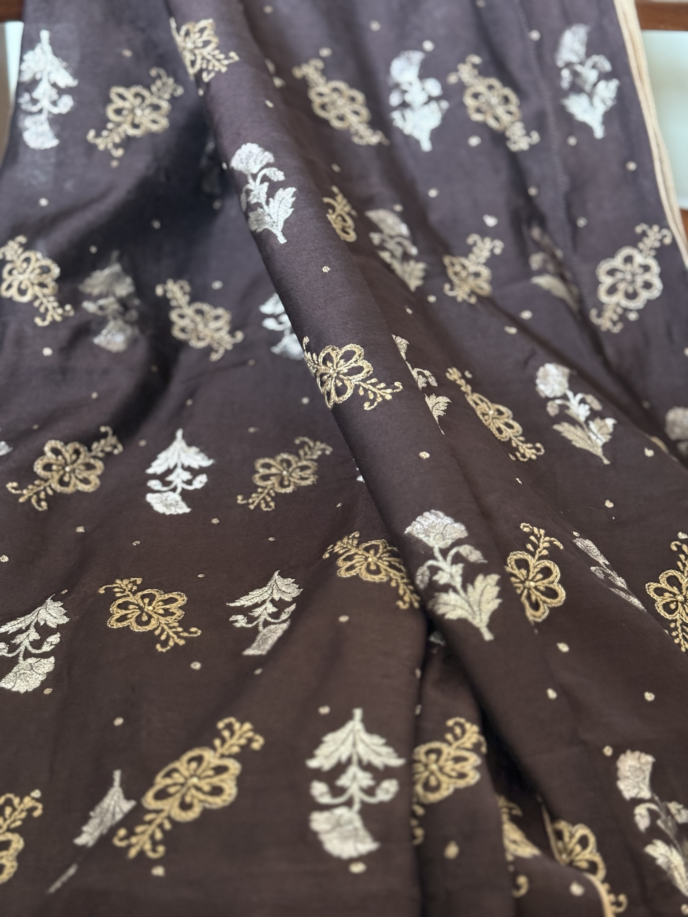 Brown Banarasi Muga silk Chikankari dupatta - Image 2