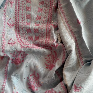 coral blue chanderi mulmul chikankari kurta dupatta set