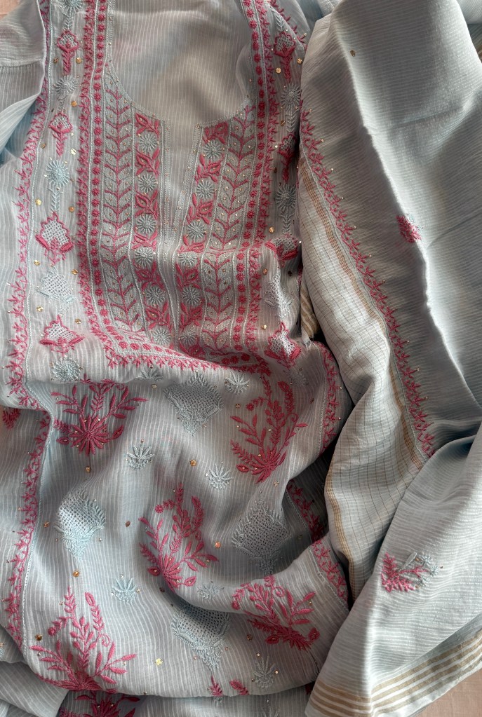 coral blue chanderi mulmul chikankari kurta dupatta set