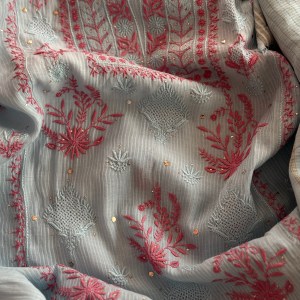coral blue chanderi mulmul chikankari kurta dupatta set - Image 2