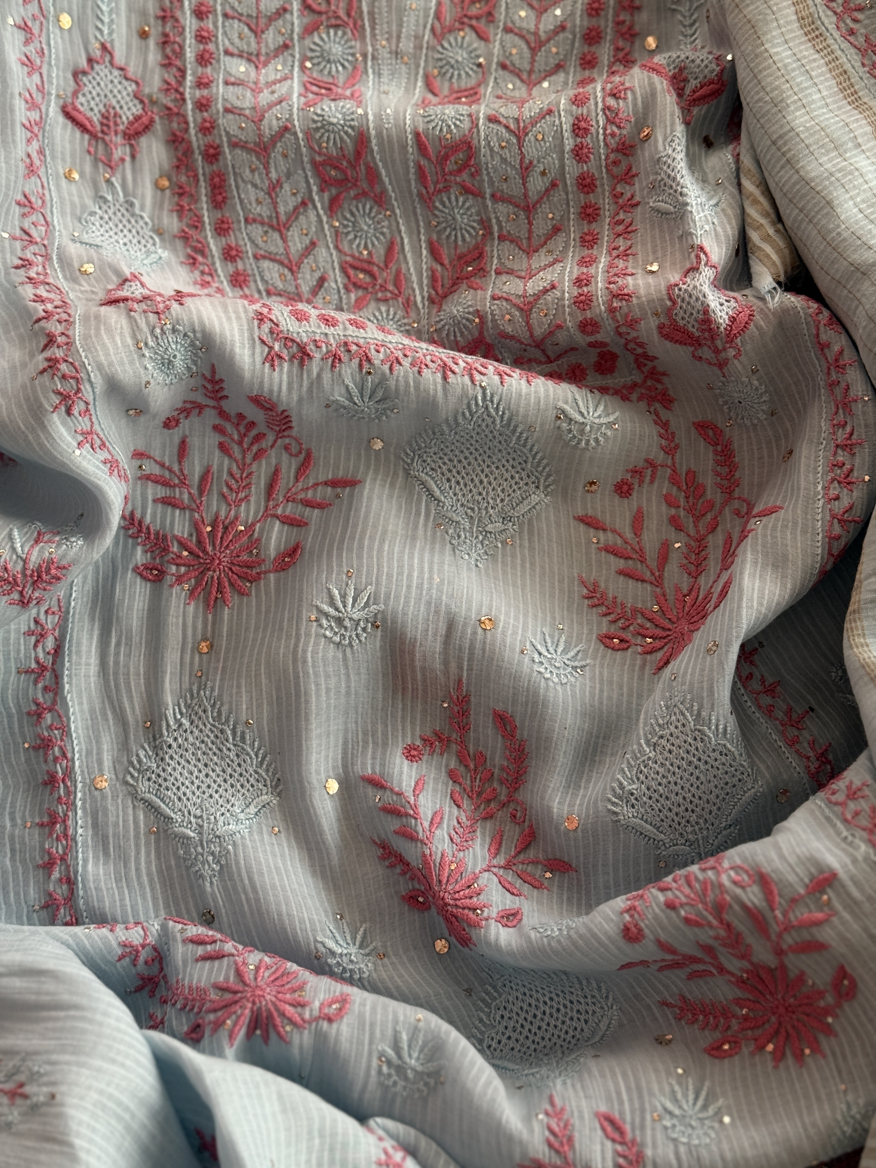 coral blue chanderi mulmul chikankari kurta dupatta set - Image 2