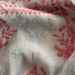coral blue chanderi mulmul chikankari kurta dupatta set