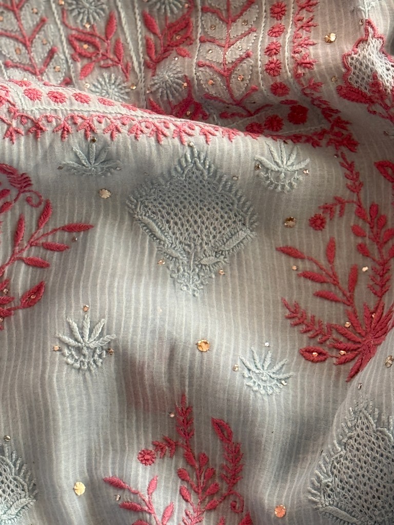 coral blue chanderi mulmul chikankari kurta dupatta set
