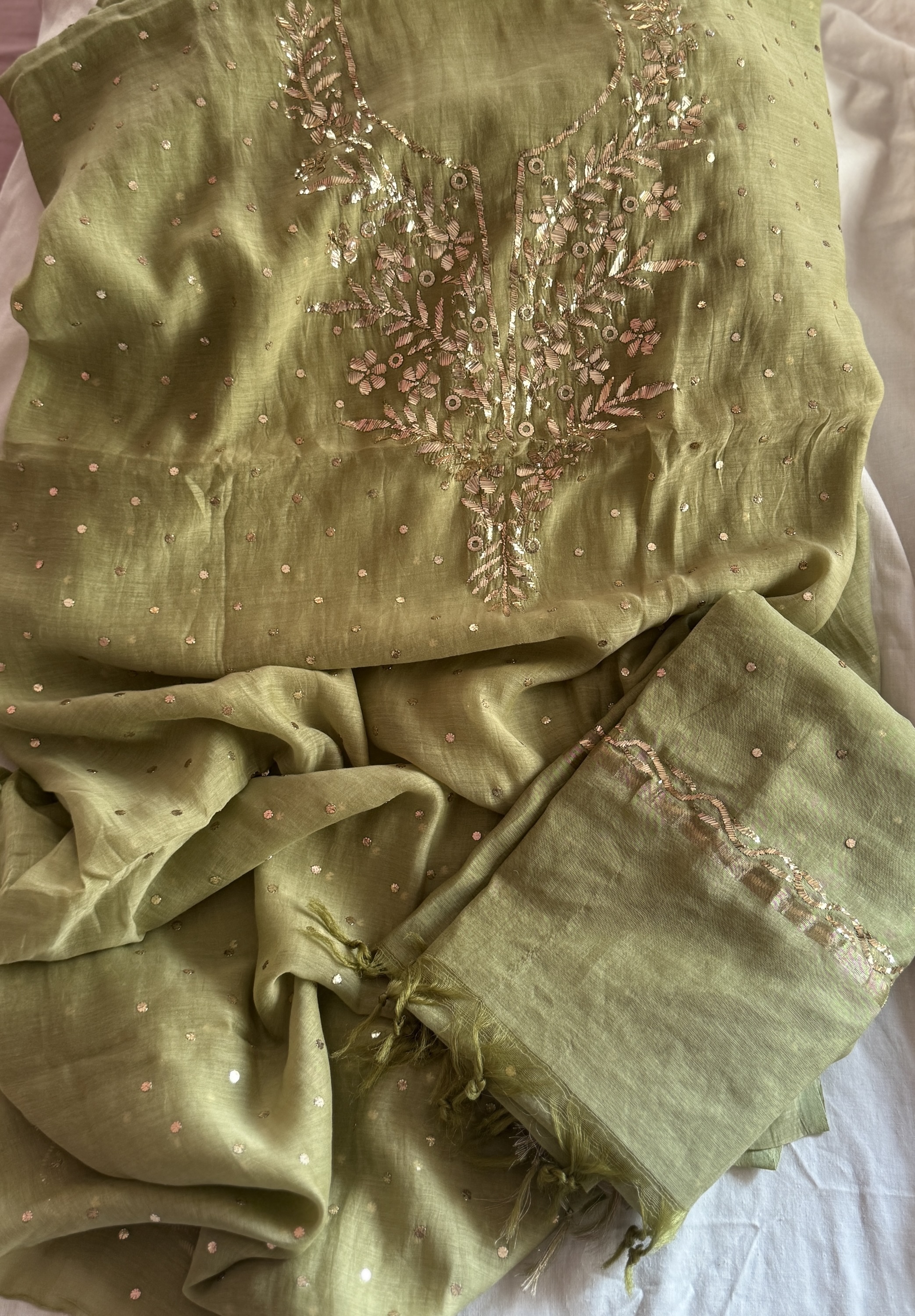Olive Green Chanderi Kurta with Dupatta Set - Image 1