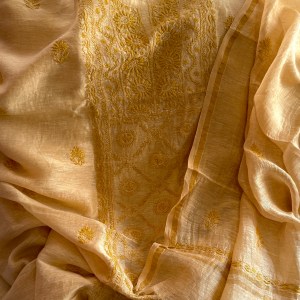 Fawn pure linen Chikankari kurta dupatta set