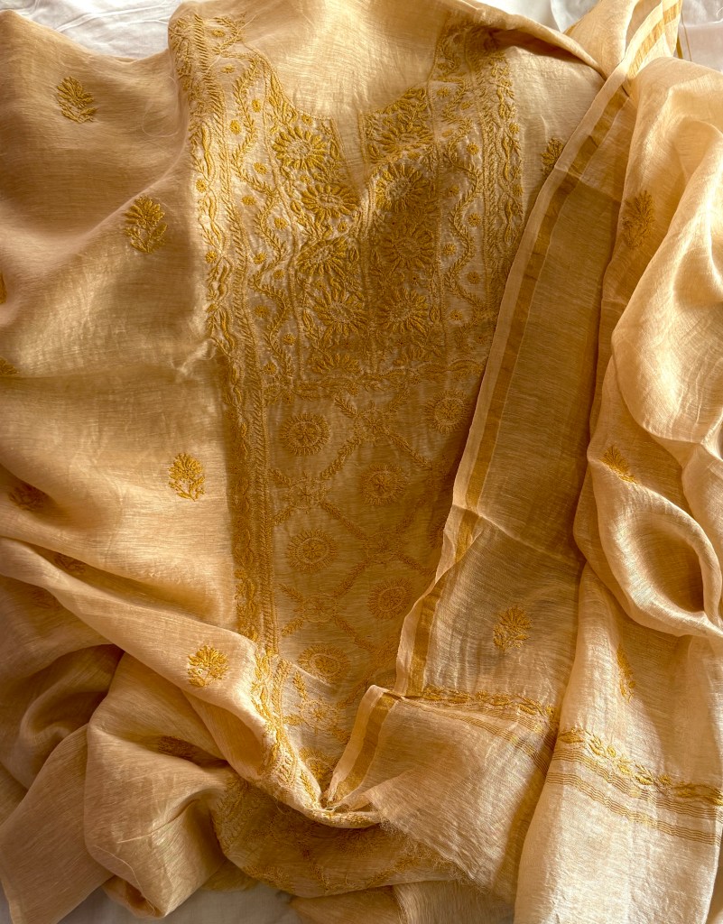 Fawn pure linen Chikankari kurta dupatta set