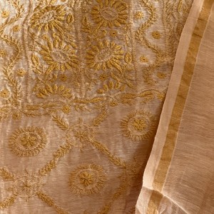 Fawn pure linen Chikankari kurta dupatta set - Image 2