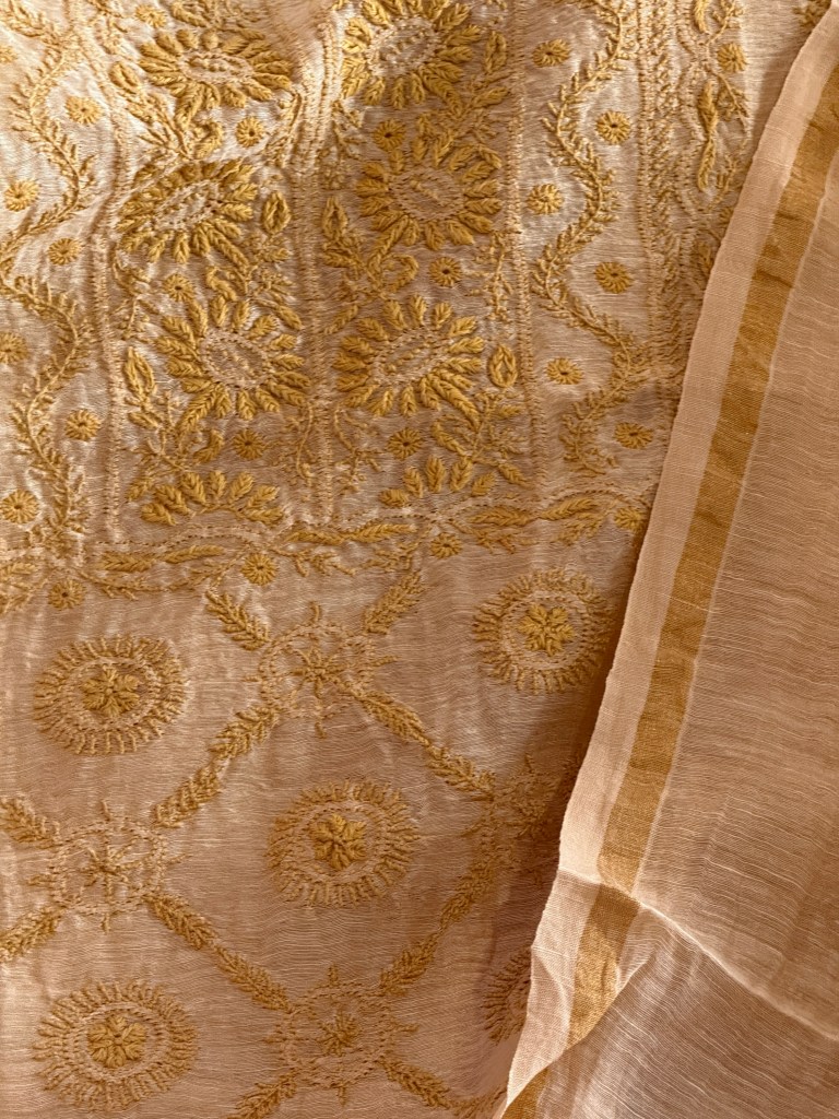 Fawn pure linen Chikankari kurta dupatta set