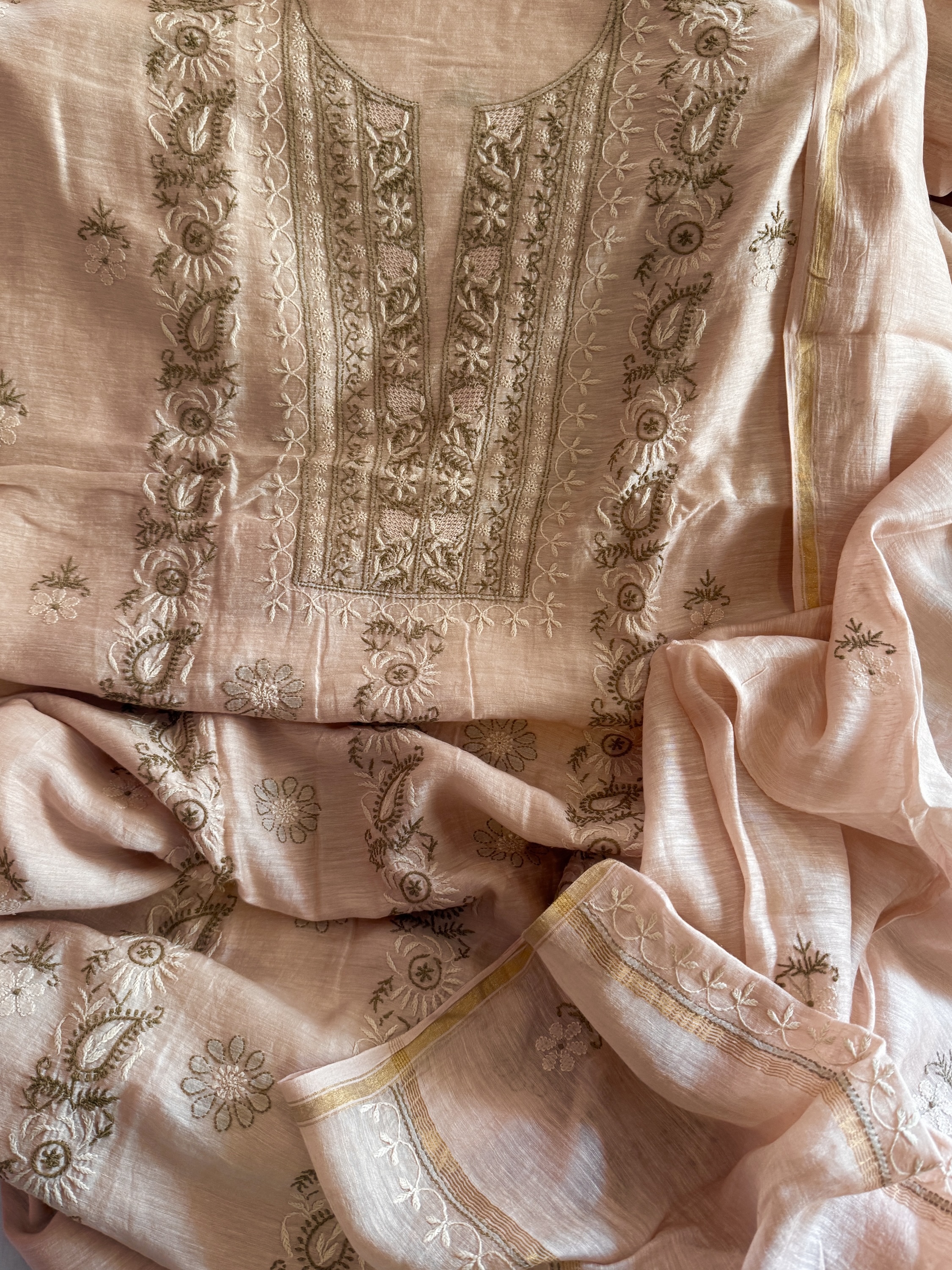 Pure linen Chikankari kurta dupatta set - Image 1