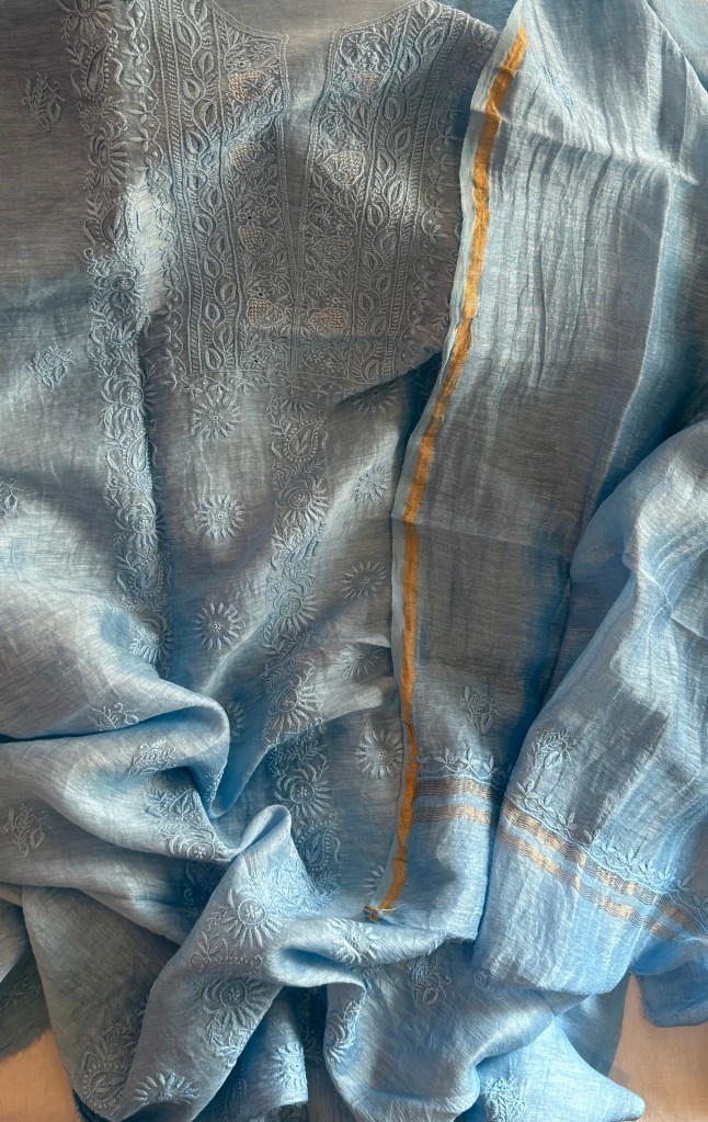 Blue pure linen Chikankari kurta dupatta set