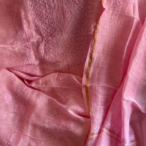Pink pure linen Chikankari kurta dupatta set