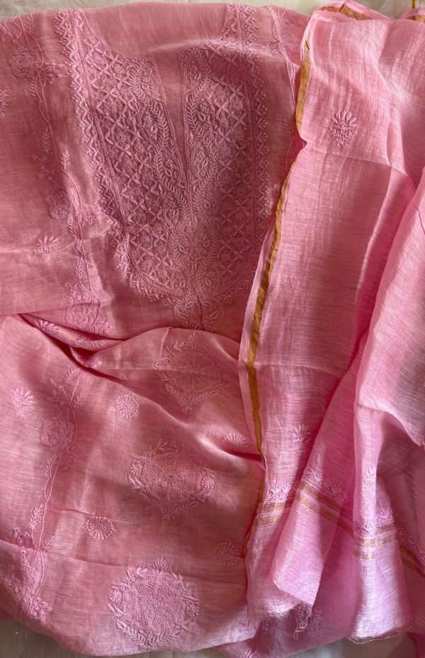 Pink pure linen Chikankari kurta dupatta set