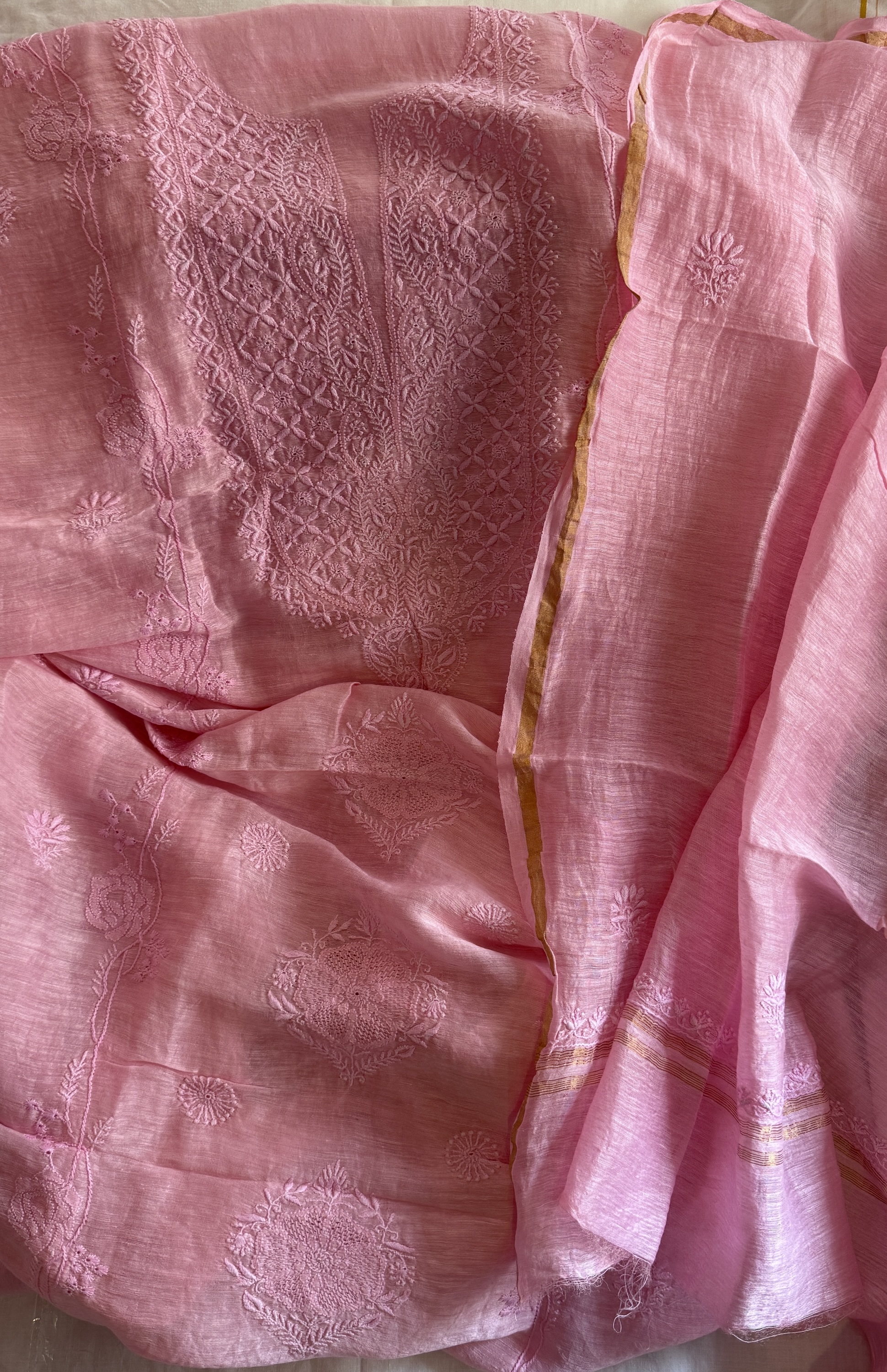 Pink pure linen Chikankari kurta dupatta set - Image 1