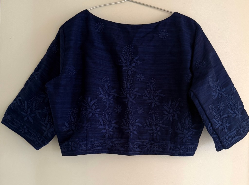 Blue raw silk free size ready to wear vintage Chikankari blouse